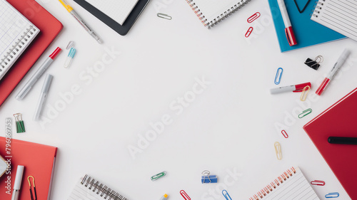 Office supplies arranged on a white background, creating a frame with copy space in the center. photo
