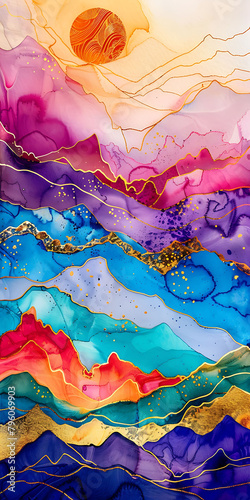 An abstract painting of mountains, with golden cracks running through alcohol ink and colorful clouds, golden lines flowing between purple mountains, and gold foil embellishments adding luxury, formin