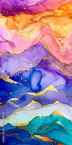 An abstract painting of mountains, with golden cracks running through alcohol ink and colorful clouds, golden lines flowing between purple mountains, and gold foil embellishments adding luxury, formin