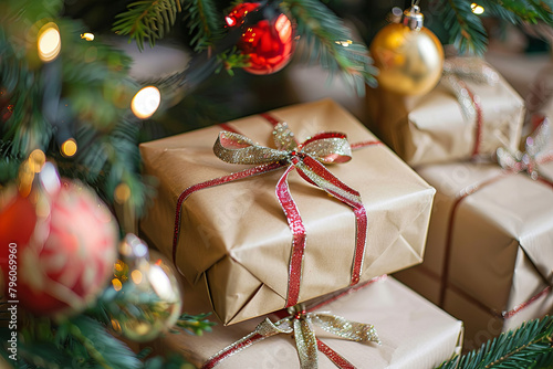 Festive Christmas tree ornamentation with wrapped gift boxes underneath