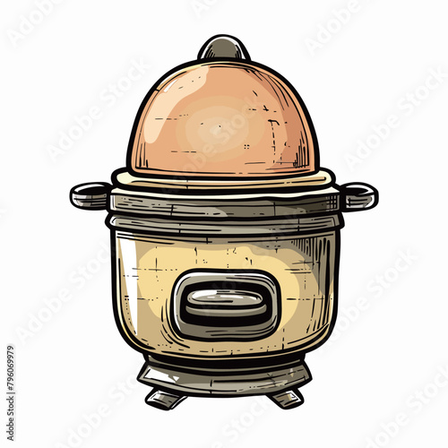 Illustration of a cartoon orange electric multicooker with eggs.