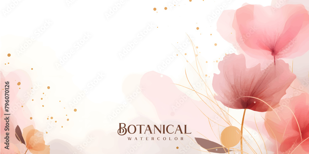 Abstract art background vector. Luxury minimal style wallpaper with golden line art flower and botanical leaves, Organic shapes, Watercolor. Vector background for banner, poster, Web and packaging.