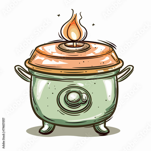 Illustration of a pot of hot soup with vegetables and meat.
