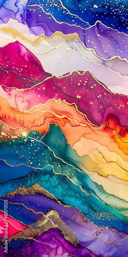 An abstract painting of mountains, with golden cracks running through alcohol ink and colorful clouds, golden lines flowing between purple mountains, and gold foil embellishments adding luxury, formin
