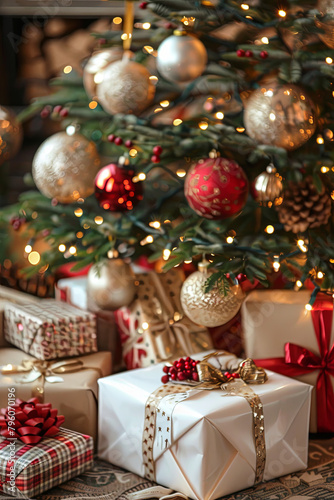 Festive Christmas tree ornamentation with wrapped gift boxes underneath