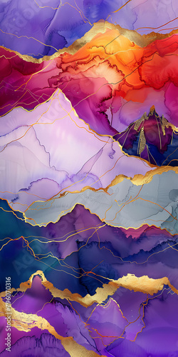 An abstract painting of mountains, with golden cracks running through alcohol ink and colorful clouds, golden lines flowing between purple mountains, and gold foil embellishments adding luxury, formin