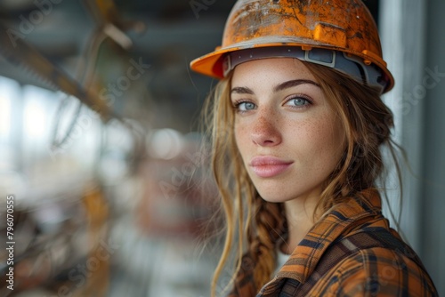 Confident Young Female Construction Worker in Safety Helmet - Urban Development and Construction Concept.