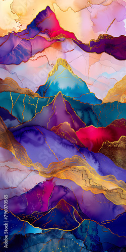 An abstract painting of mountains, with golden cracks running through alcohol ink and colorful clouds, golden lines flowing between purple mountains, and gold foil embellishments adding luxury, formin