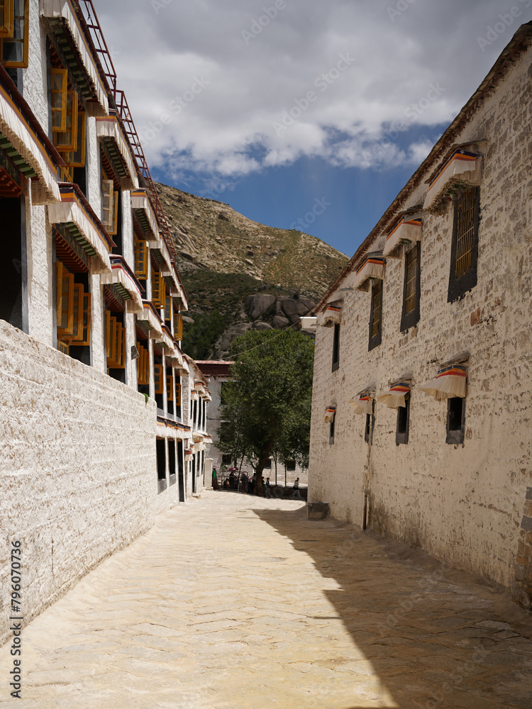 Tibetan style building and streets inside Sera Monastery in Lhasa, Tibet
