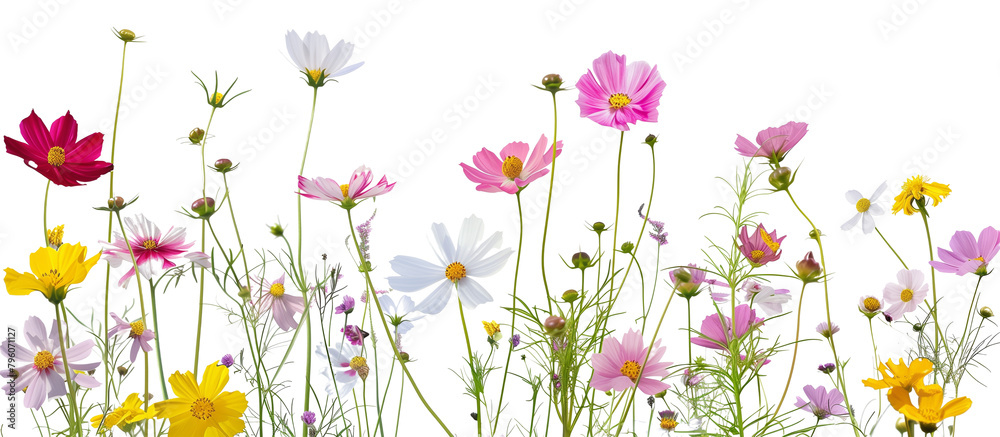 Meadow of wildflowers including cosmos and wild daisies, showcasing nature’s untamed beauty, isolated on transparent background Meadow of wildflowers including cosmos and wild daisies, showcasing nature’s untamed beauty, isolated on transparent background