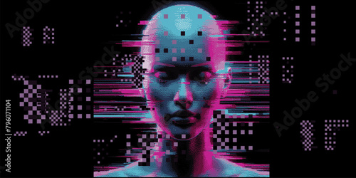 Glitched and pixelated silhouette of a 3D human head on a dark background. Conceptual vector illustration about man in the age of technology. 