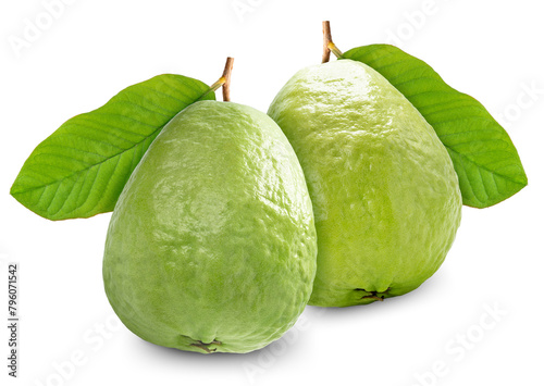 Fresh Pink Guava fruit on white background. Sweet Guava fruit with leaf isolate on white with clippingpath.