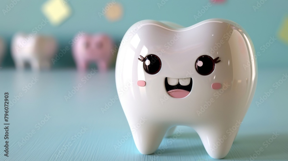cute tooth 3D character on a blue pastel background cute tooth 3D character on a blue pastel background