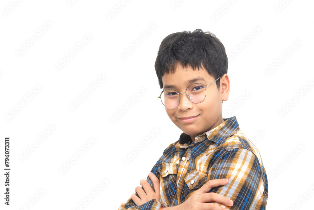 portrait of a beautiful and handsome boy wearing glasses, and smiles, isolated on white background, copy space portrait of a beautiful and handsome boy wearing glasses, and smiles, isolated on white background, copy space
