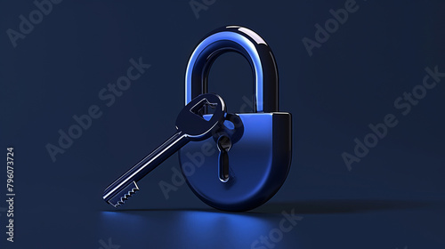 Unlock the future with a 3D ultramarine blue lock and key, an innovative tech illustration representing data security and marketing schemes. AI generative