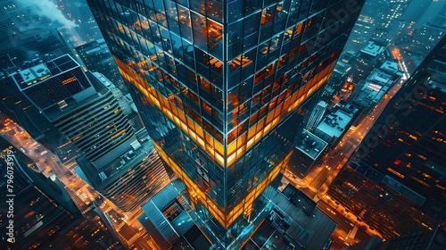 Sleek and Angular Cubist High Rise Dominates the Bustling Urban Skyline in Dramatic Aerial Perspective photo