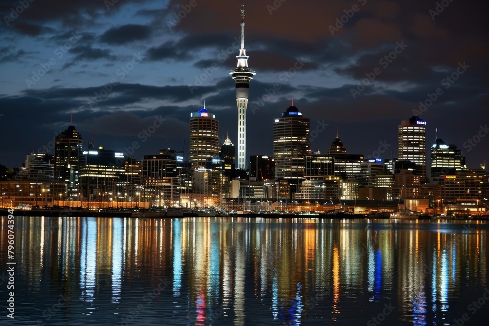 Beautiful Auckland skyline with the Sky Tower illuminated at night, AI-generated