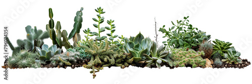 Succulent bed designed for xeriscaping, combining various cacti and sedum species for a drought-tolerant display, isolated on transparent background photo