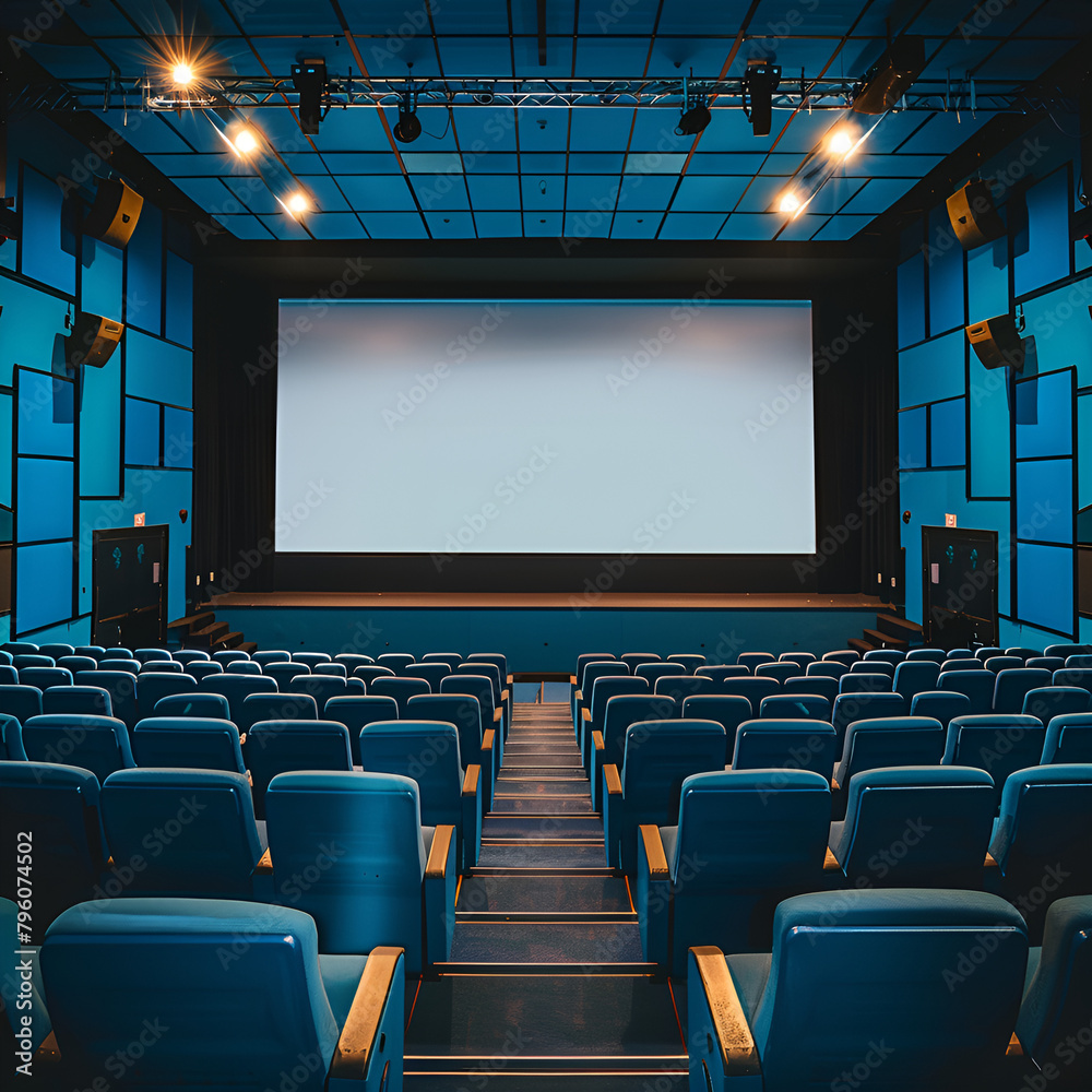 Empty of cinema in blue color with white blank screen. Mockup of hall, no people and auditorium Empty of cinema in blue color with white blank screen. Mockup of hall, no people and auditorium