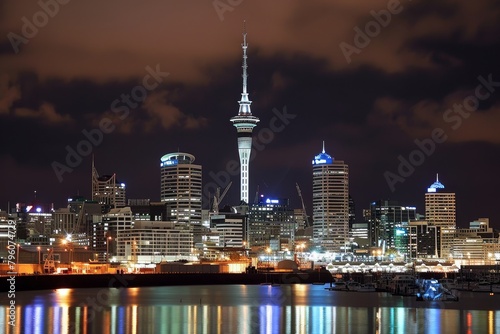 Beautiful Auckland skyline with the Sky Tower illuminated at night, AI-generated © Tanu