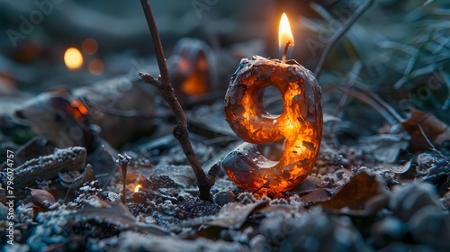 A striking close-up of a birthday candle in the shape of the number "9," showcasing its intricate patterns and the mesmerizing glow of its flame