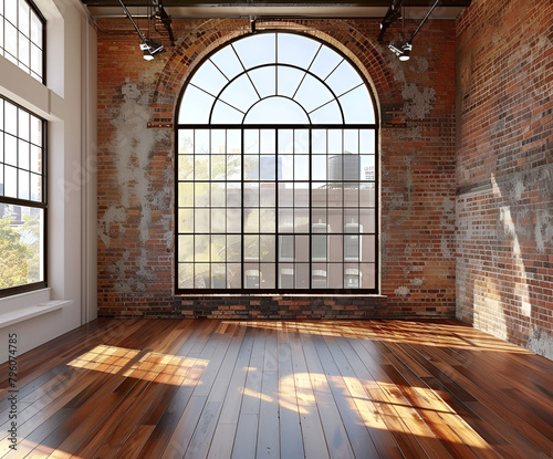 A loft-style empty room featuring a spacious window  with wooden flooring and a contemporary brick wall design