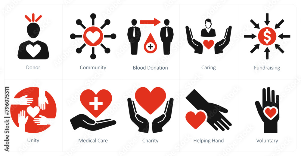 A set of 10 charity and donation icons as donor, community, blood donation