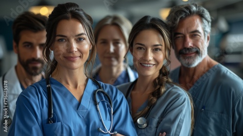 A group shot of smiling healthcare professionals wearing scrubs and stethoscopes in a medical setting