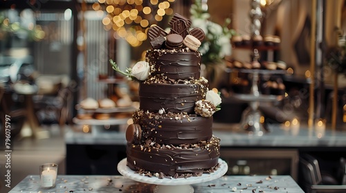 A sumptuous chocolate birthday cake adorned with miniature macarons and chocolate shards, positioned on a marble dessert table at a sophisticated urban wedding venue
