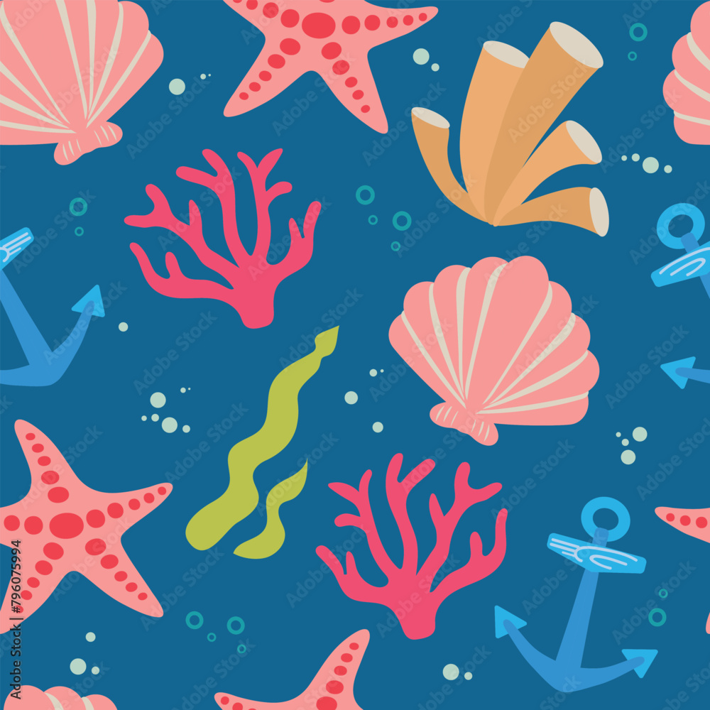 Seamless sea ocean vector pattern with corals, algae, anchor, star fish ...