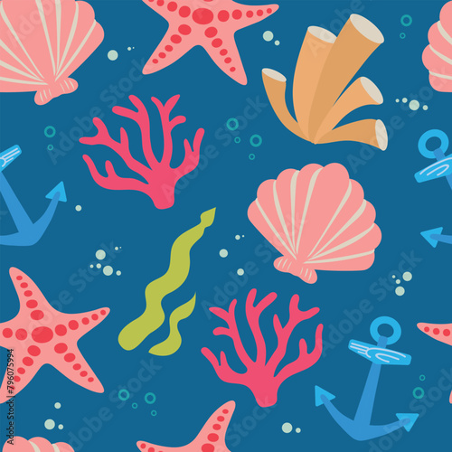 Seamless sea ocean vector pattern with corals  algae  anchor  star fish  sea shell