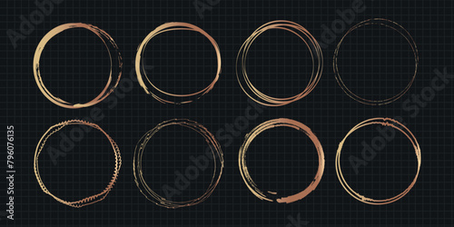 Set, collection of golden round circle grunge vector frames