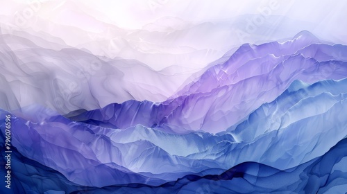 Mesmerizing Aerial Ink Wash Abstract of Mountain Landscape in Lilac and Chambray Blue with Light Streams 