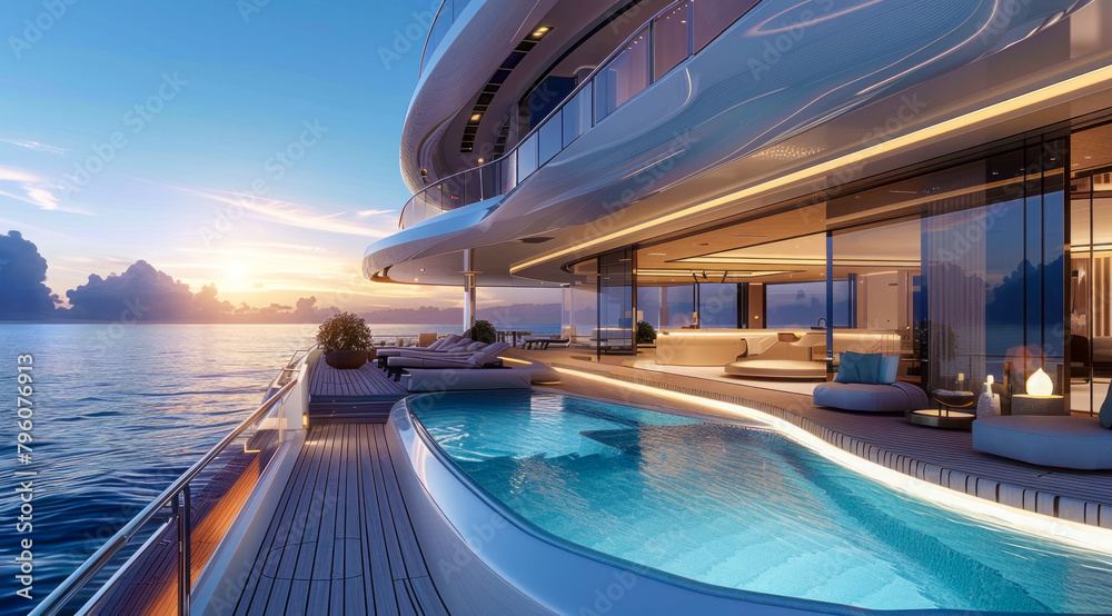A large luxury private yacht with a pool on the deck A large luxury private yacht with a pool on the deck
