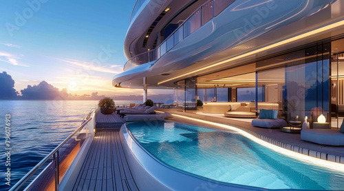 A large luxury private yacht with a pool on the deck
