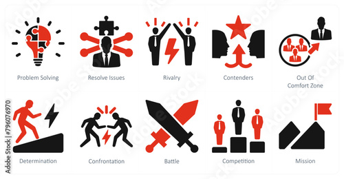 A set of 10 challenge icons as problem solving, resolve issues, rivalry