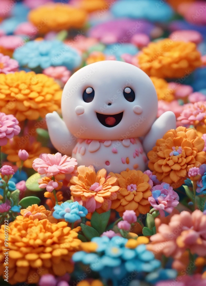 3d effect of cute clay ghosts and flowers in an overall pattern, cartoon and claymation style, unreal engine render, 8k, intricate details