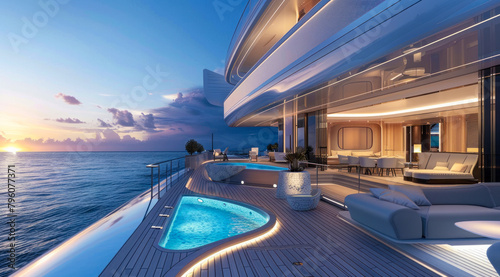 A large luxury private yacht with a pool on the deck © Eliya
