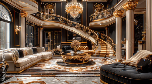A luxurious villa with black and gold decorations, living room with marble floor tiles, crystal chandeliers. Generative AI.