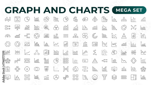 Growing bar graph icon set. Business graphs and charts icons. Statistics and analytics vector icon. Statistic and data, charts diagrams, money, down or up arrow.Outline icon collection.