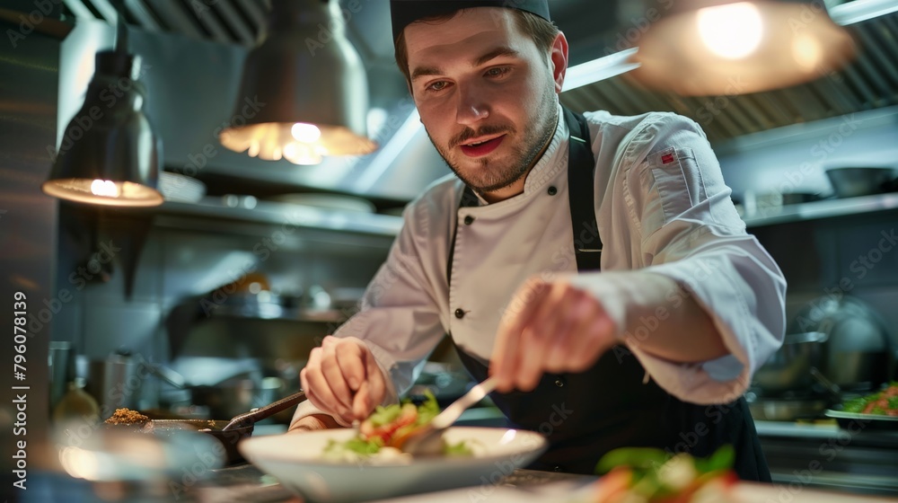 A professional chef presenting a dish in a gourmet restaurant A professional chef presenting a dish in a gourmet restaurant