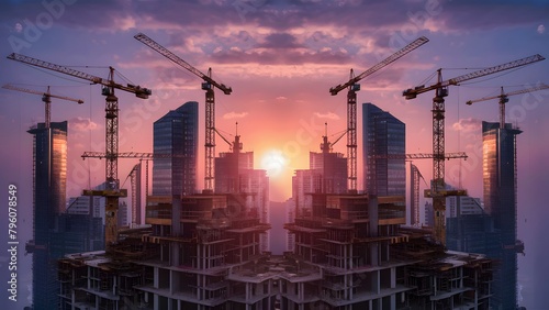 urban construction site during sunset, with multiple cranes diligently constructing towering buildings against the backdrop of a vibrant orange and pink sky photo