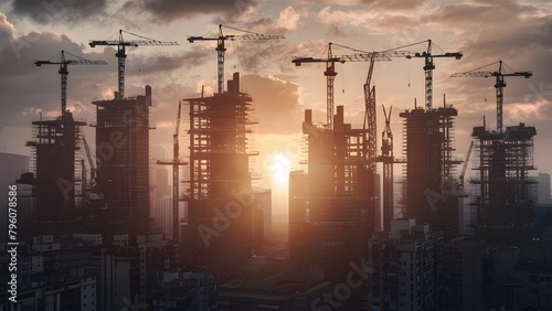 urban construction site during sunset, with multiple cranes diligently constructing towering buildings against the backdrop of a vibrant orange and pink sky
