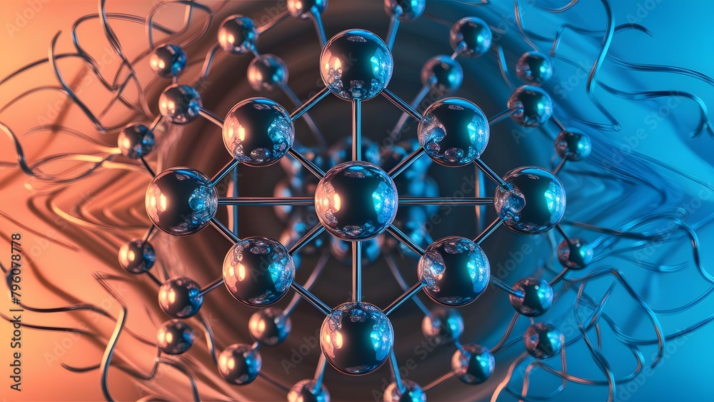 The central focus is a network of spherical atoms, each with a reflective blue hue, connected by lines to form a molecular compound