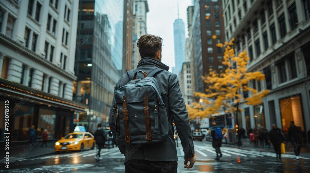 A handsome man wearing a business backpack and walking to work in the streets of New York. Generative AI. A handsome man wearing a business backpack and walking to work in the streets of New York. Generative AI.
