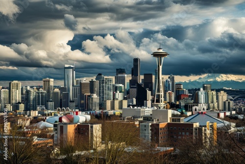 Aerial view of The skyline of Seattle with dramatic clouds  AI generated