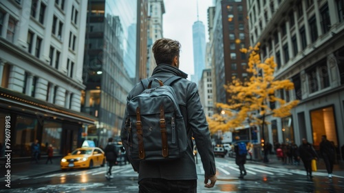 A handsome man wearing a business backpack and walking to work in the streets of New York. Generative AI. photo