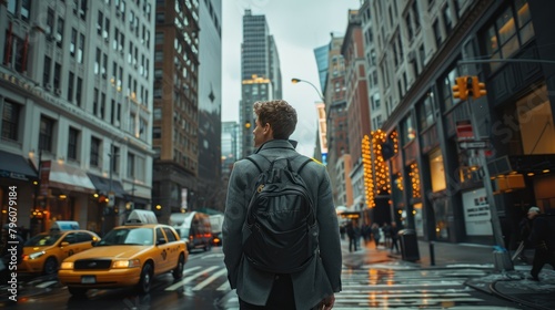 A handsome man wearing a business backpack and walking to work in the streets of New York. Generative AI. photo