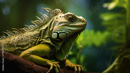 A big green iguana lizard in nature ecosystem nature environment on a blurred background 