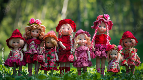 Adorable crochet baby dolls donning red and pink dresses adorned with lovely pink roses.